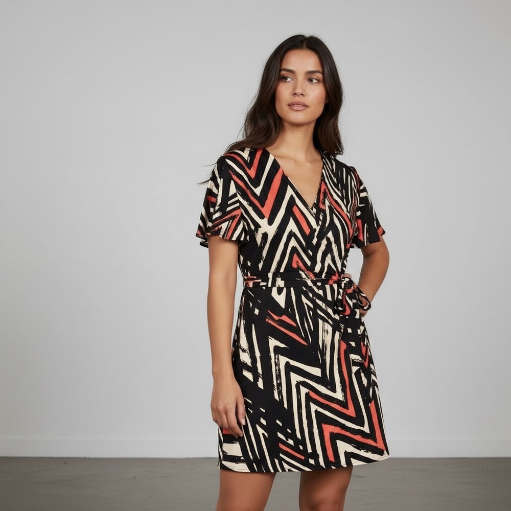 5️⃣Mark. Abstract Chevron Print Tie Waist Dress – Size Large